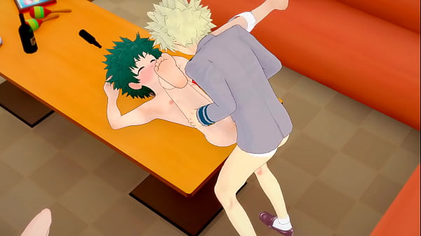 My Hero Academia Yaoi Bakugou baise Deku dans un karaoké pendant qu'Uraka regarde - Manga anime porn hardsex